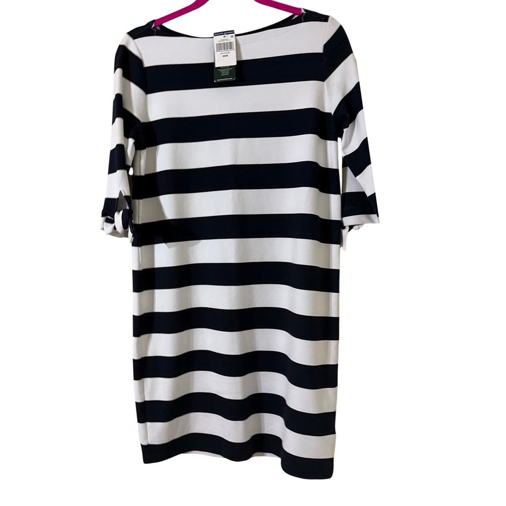 Lauren Ralph Lauren Navy White Striped Boat Neck Tie Sleeve Shift Dress M Sailor - Picture 2 of 7